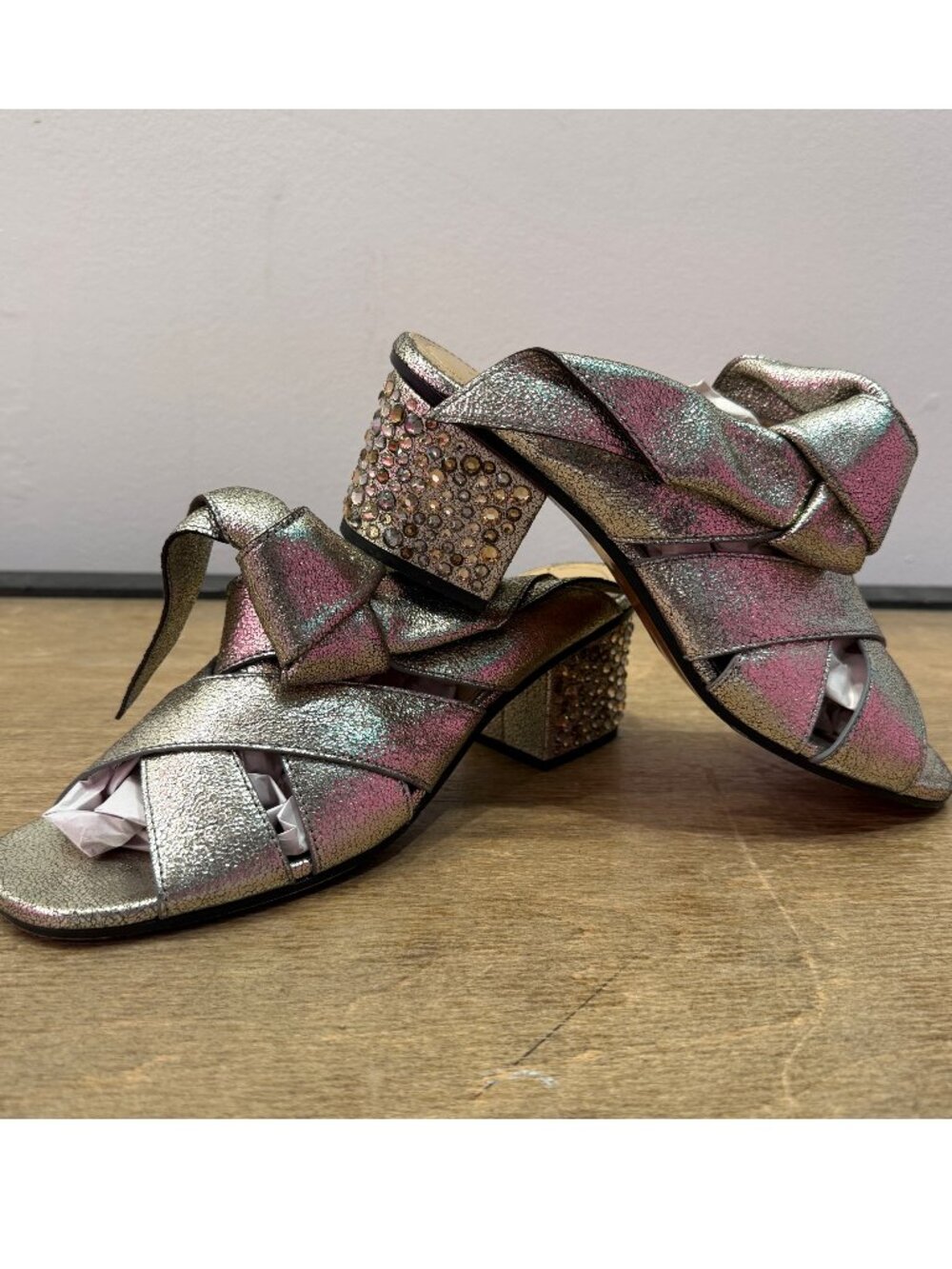 Chloe Silver Metallic Leather Rhinestone Crystal Block Heel Mule Slides 38.5 - Picture 14 of 14